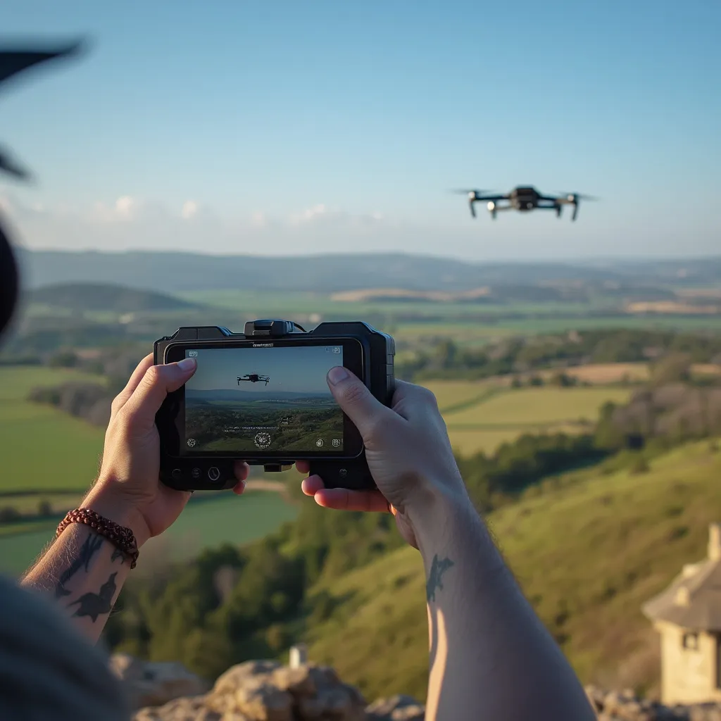 Drone profesional volando sobre un paisaje