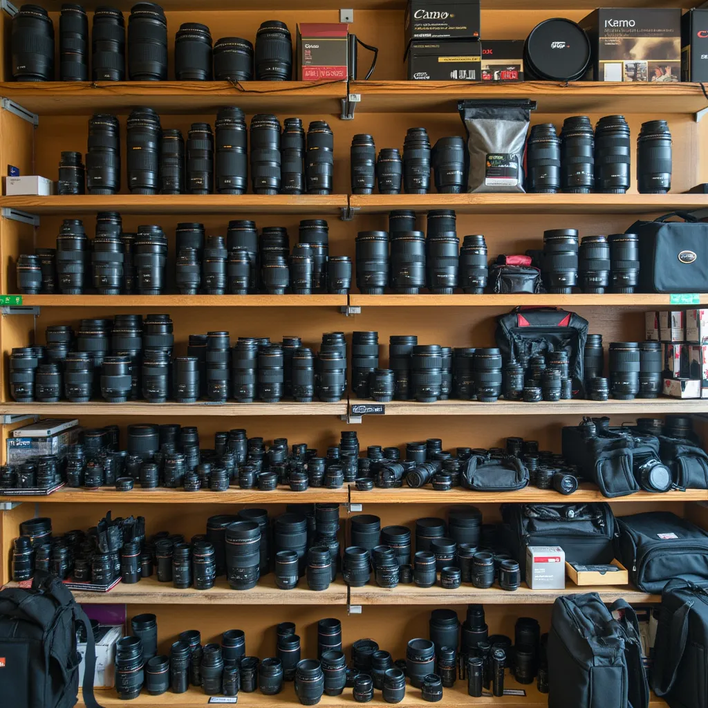 Estanterías con accesorios fotográficos diversos